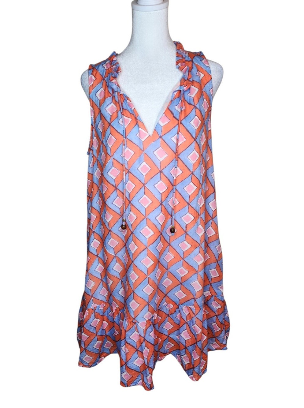 Oliphant Sleeveless Geometric Diamond Print Ruffle Trim Dress Orange Multi L